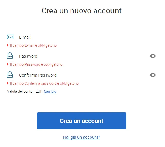 Modulo di creazione conto su Markets