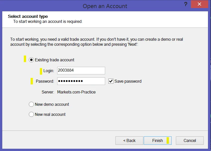 Dodicesimo passo per attivare un conto demo MetaTrader 4 su Markets