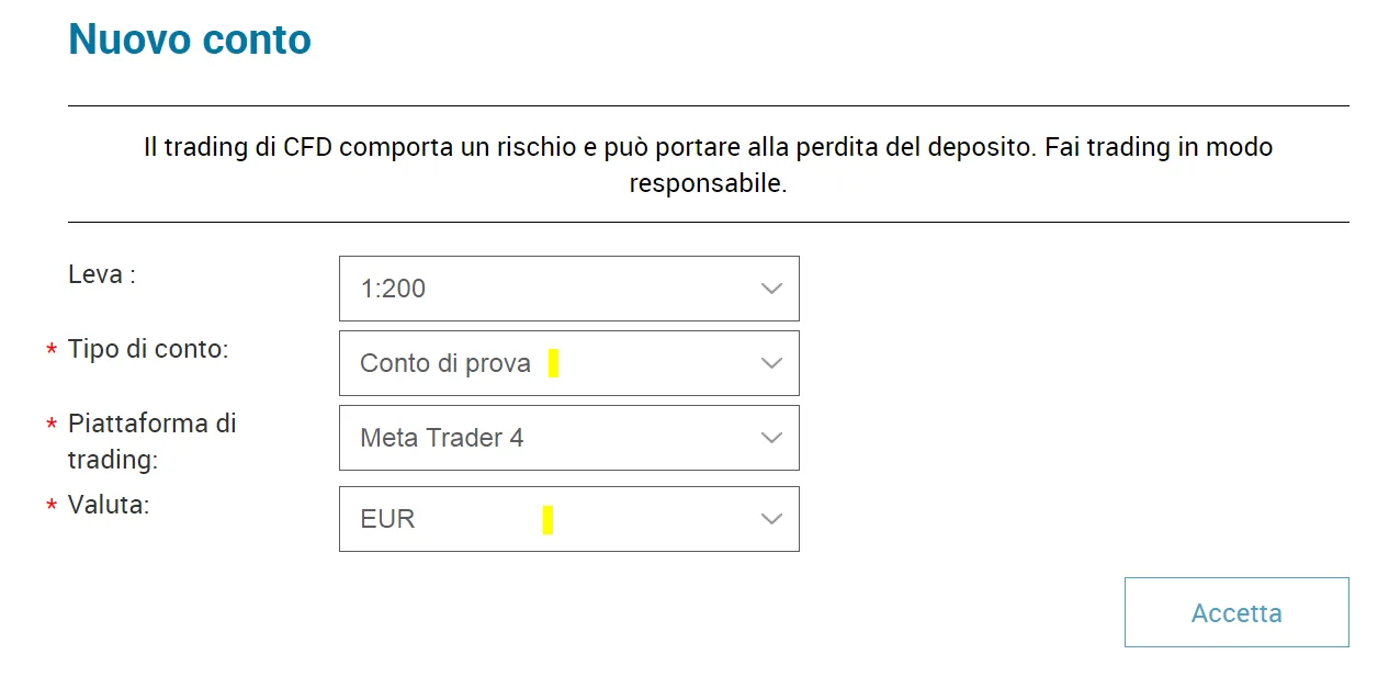 Quarto passo per attivare un conto demo MetaTrader 4 su Markets