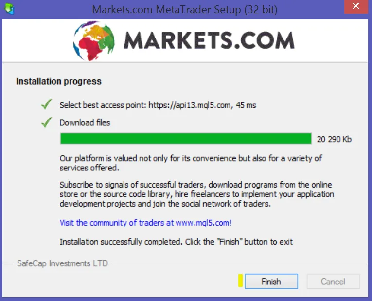 Nono passo per attivare un conto demo MetaTrader 4 su Markets