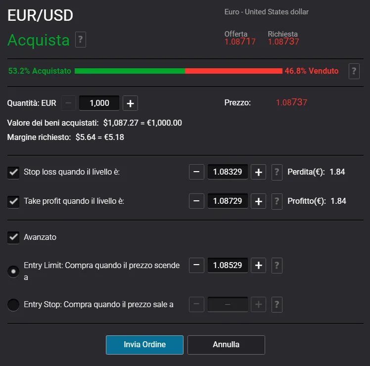 Finestra di acquisto su Web Trader