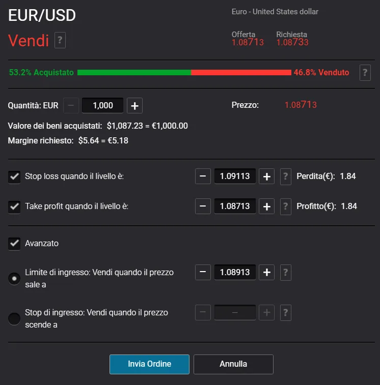 Finestra di vendita su Web Trader