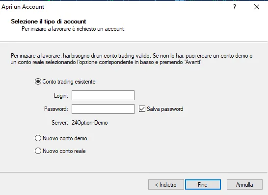 Dati login 24option per MT4