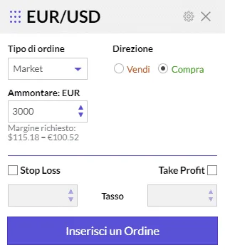 Finestra di impostazione parametri dell'ordine Forex