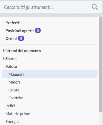 Come si seleziona la categoria Valute nella piattaforma trading Forex