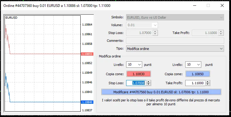 Modifica dei valori Stop Loss e Take Profit su MT4.