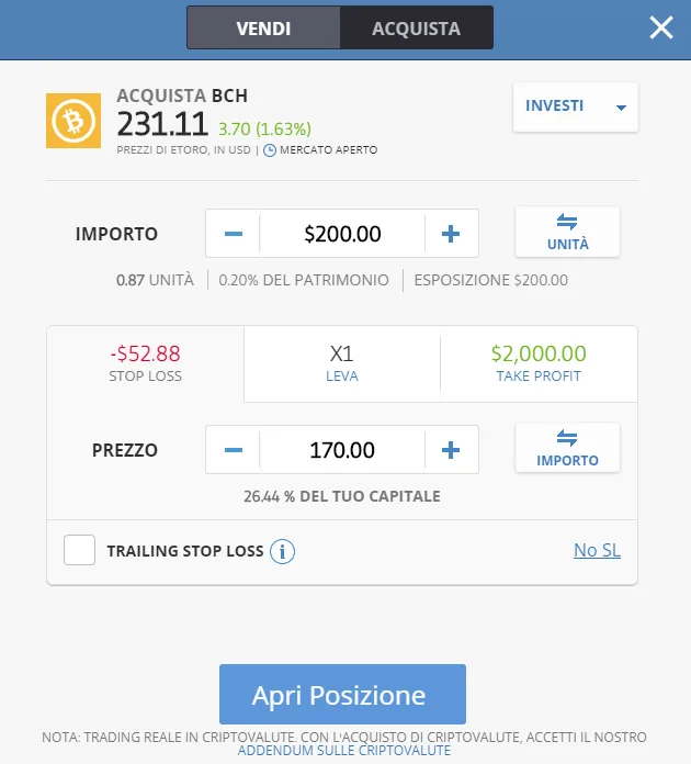 Finestra dell'ordine di acquisto di Bitcoin Cash su eToro