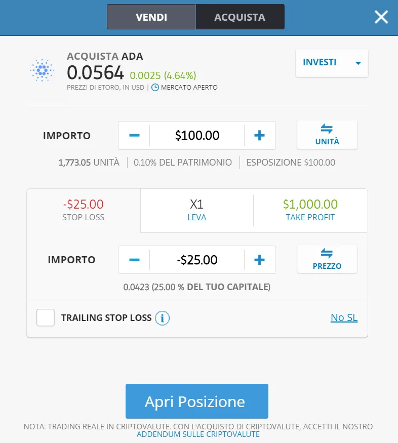La finestra dell'ordine di acquisto di Cardano su eToro