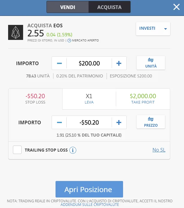Finestra dell'ordine di acquisto di EOS su eToro