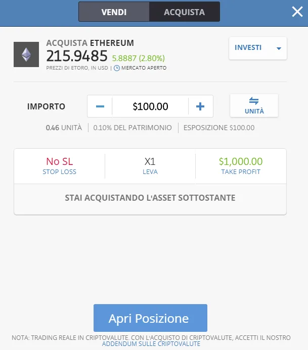 La finestra ordine di acquisto di Ethereum su eToro