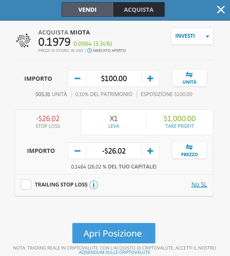 La finestra dell'ordine di acquisto di Iota su eToro