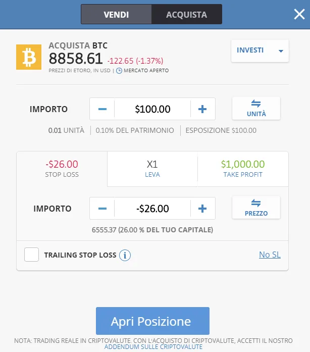 La finestra dell'ordine per l'acquisto di Bitcoin SV su eToro