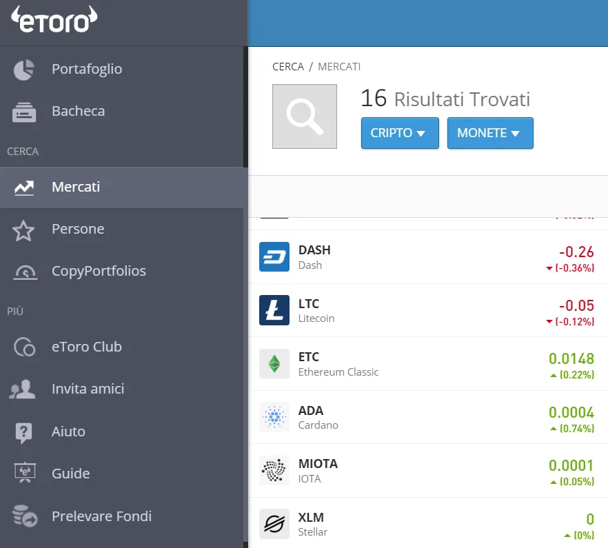 La lista delle criptovalute con Iota su eToro