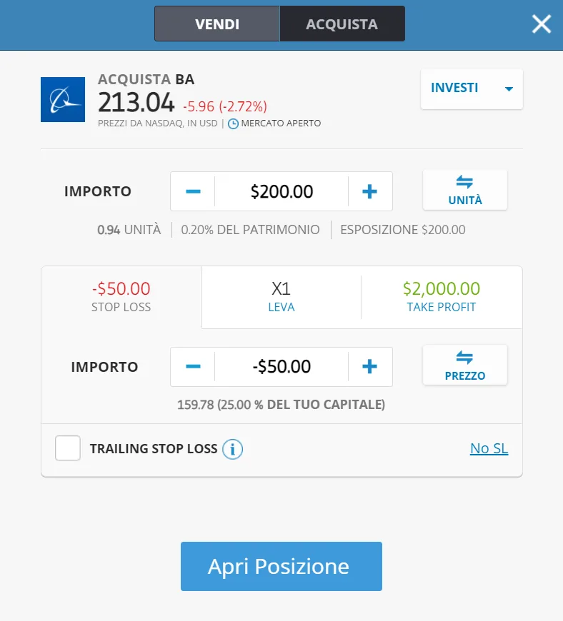 La finestra dell'ordine per comprare azioni Boeing su eToro