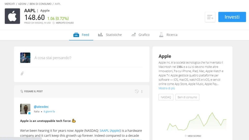 La pagina informativa per comprare le azioni Apple online