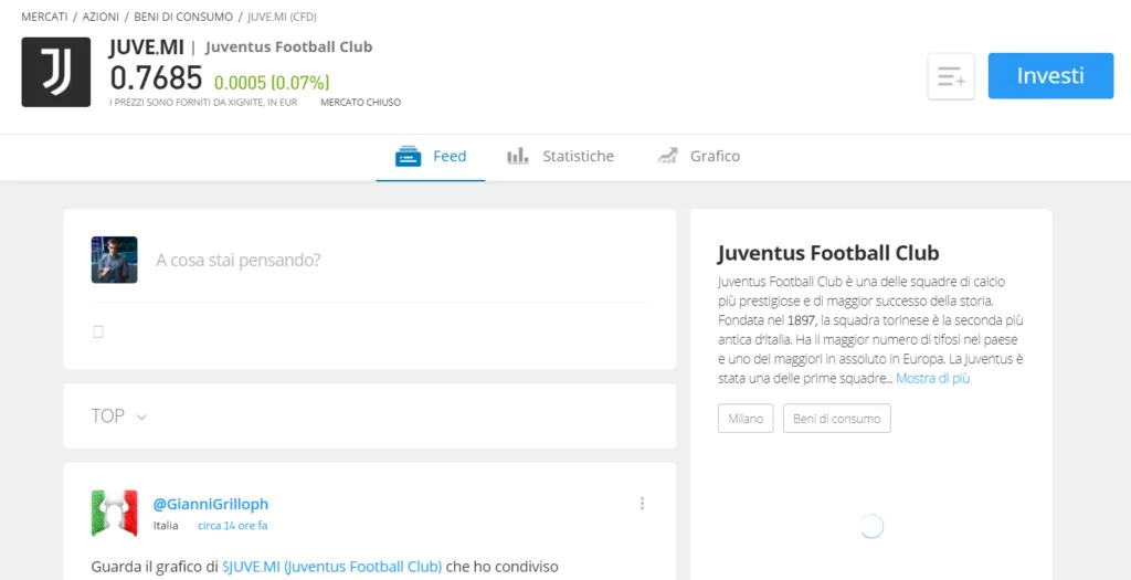 La pagina informativa delle azioni Juventus