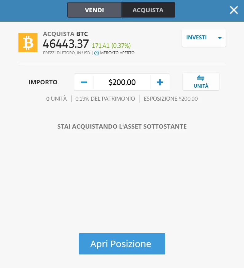 La finestra dell'ordine di acquisto del bitcoin su eToro