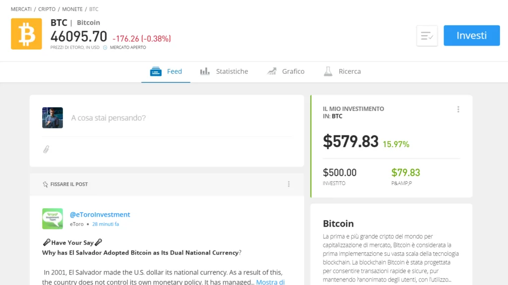 La pagina informativa del bitcoin su eToro