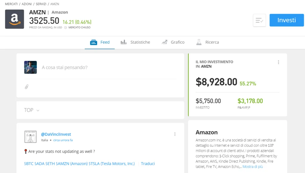 Pagina informativa dell'azione da comprare su eToro