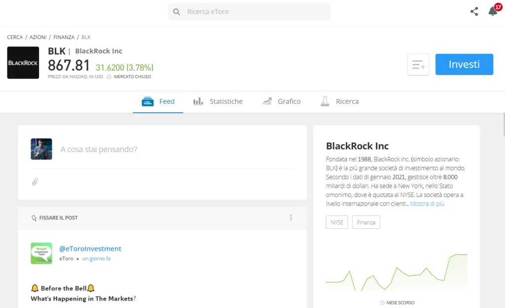 Pagina informativa delle azioni Blackrock su eToro