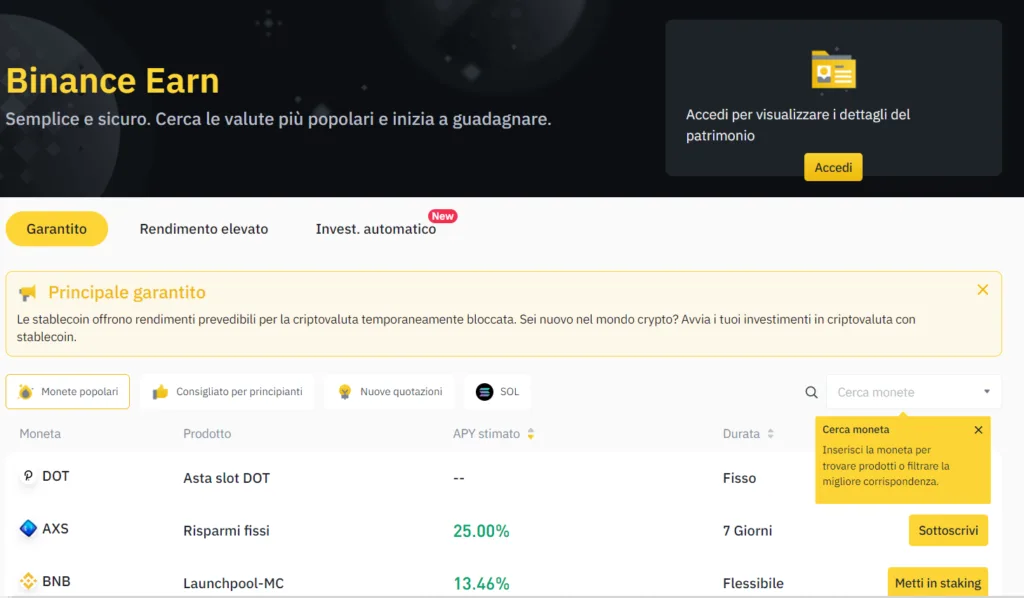 Il programma Binance Earn