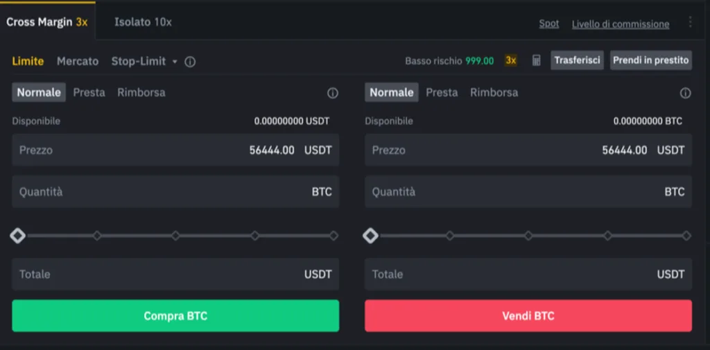 La finestra dell'ordine in Binance
