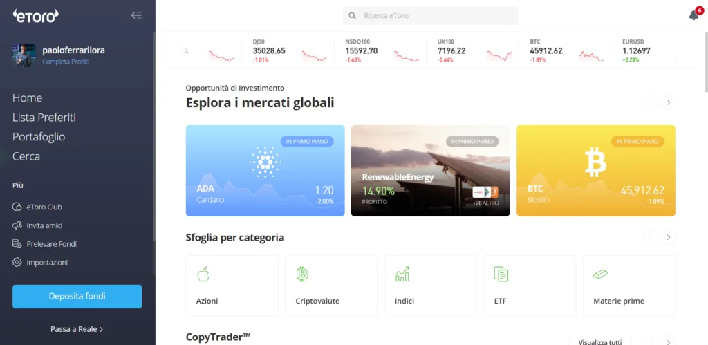 La piattaforma eToro nel 2022