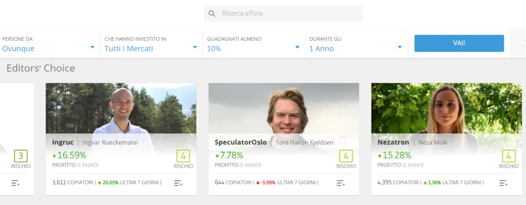 I trader in evidenza nella vetrina di eToro