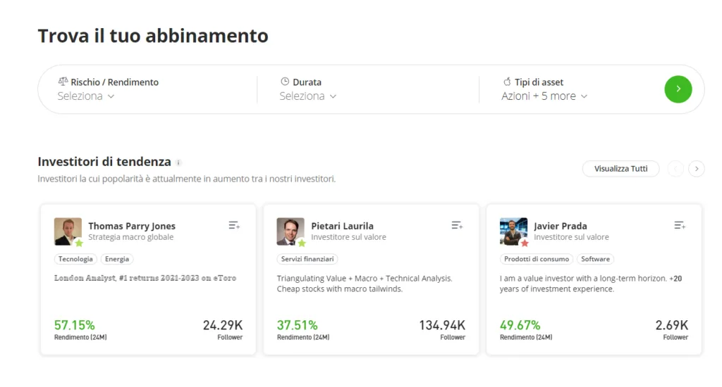 Una versione semplificata della scelta dei trader su eToro