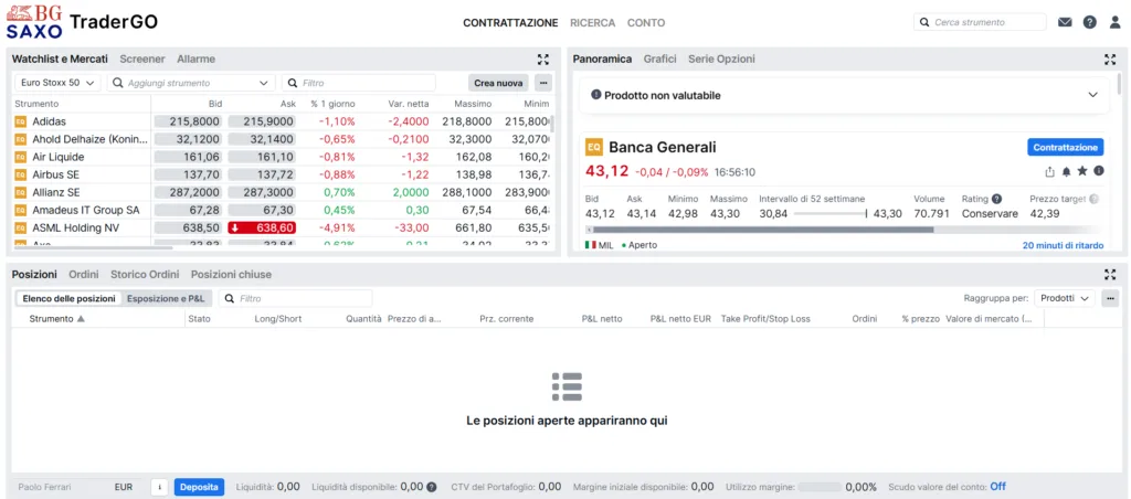 La finestra contrattazione della piattaforma bg saxo tradergo