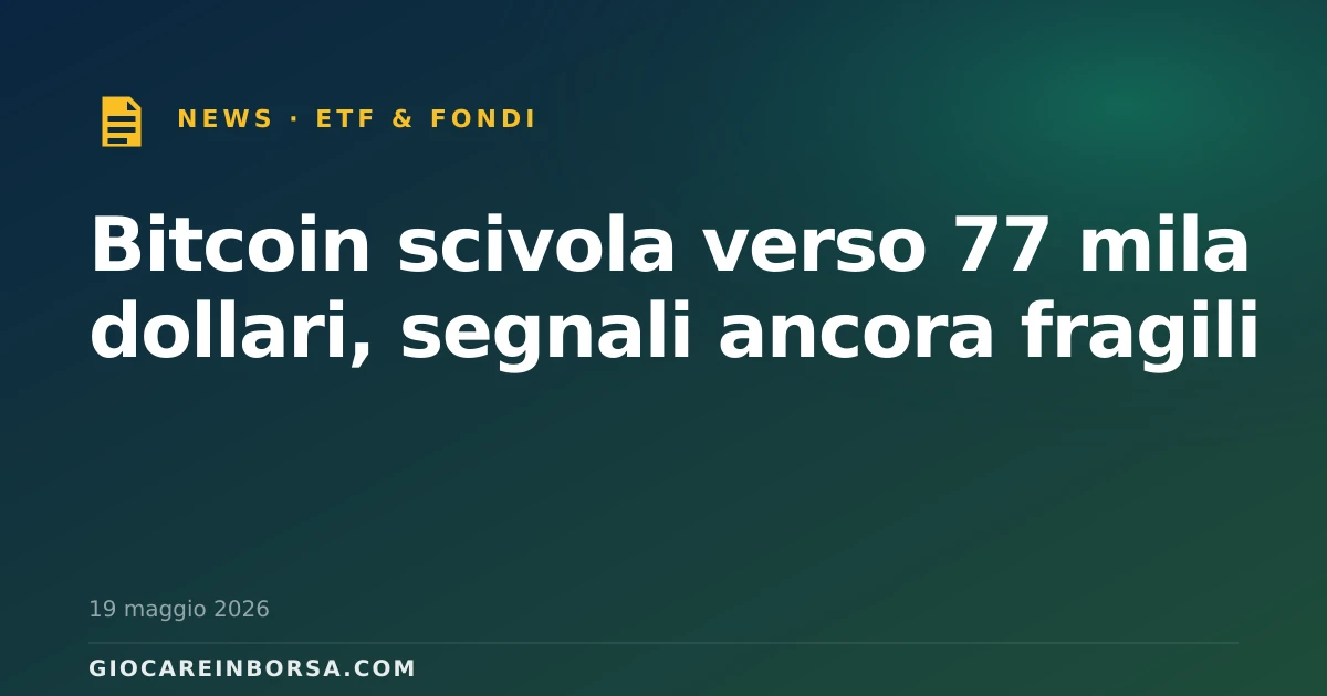 Bitcoin scivola verso 77 mila dollari, segnali ancora fragili