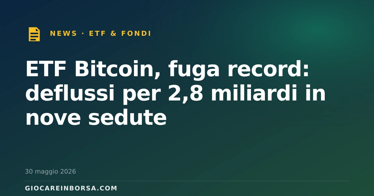 ETF Bitcoin, fuga record: deflussi per 2,8 miliardi in nove sedute