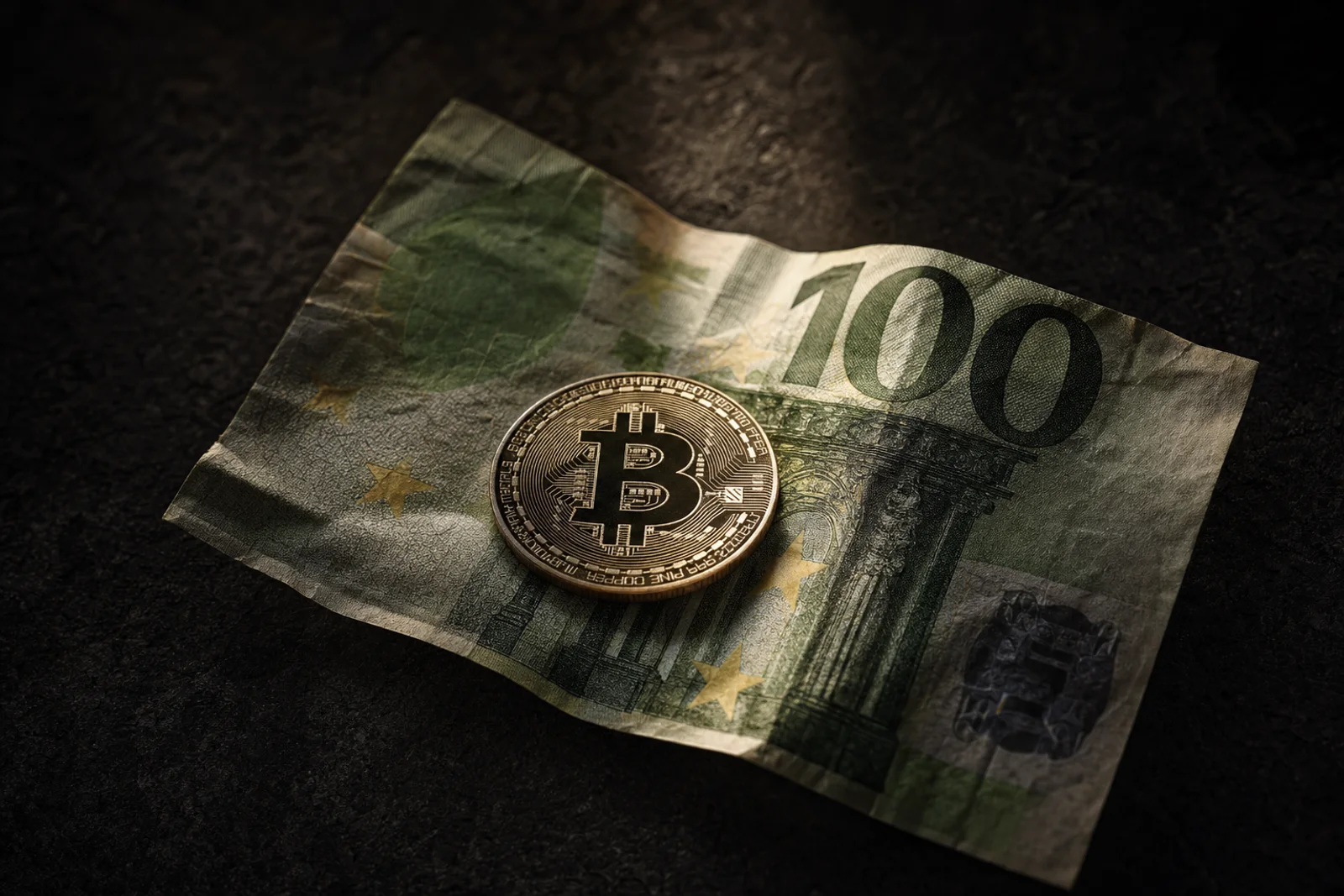 Una banconota da 100 euro e una moneta che rappresenta Bitcoin, in una luce calda e soffusa