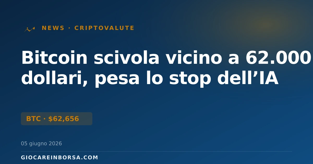 Bitcoin scivola vicino a 62.000 dollari, pesa lo stop dell’IA