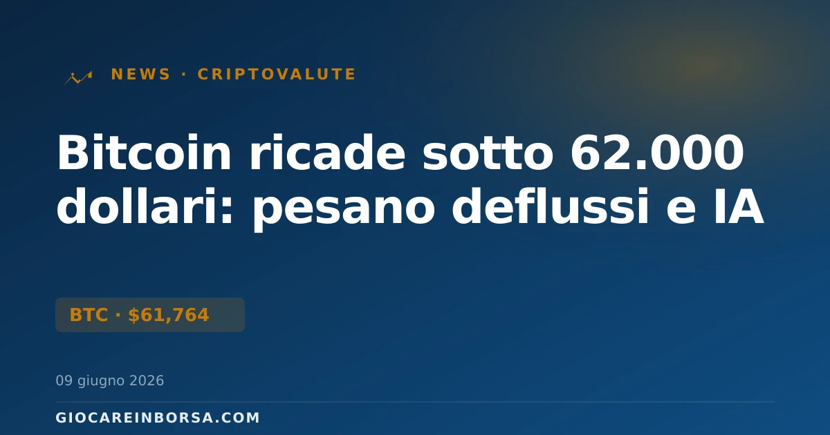 Bitcoin ricade sotto 62.000 dollari: pesano deflussi e IA